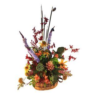 Artificial Floral Arrangement In Fishing Creel Basket With Vibrant Red Purple &